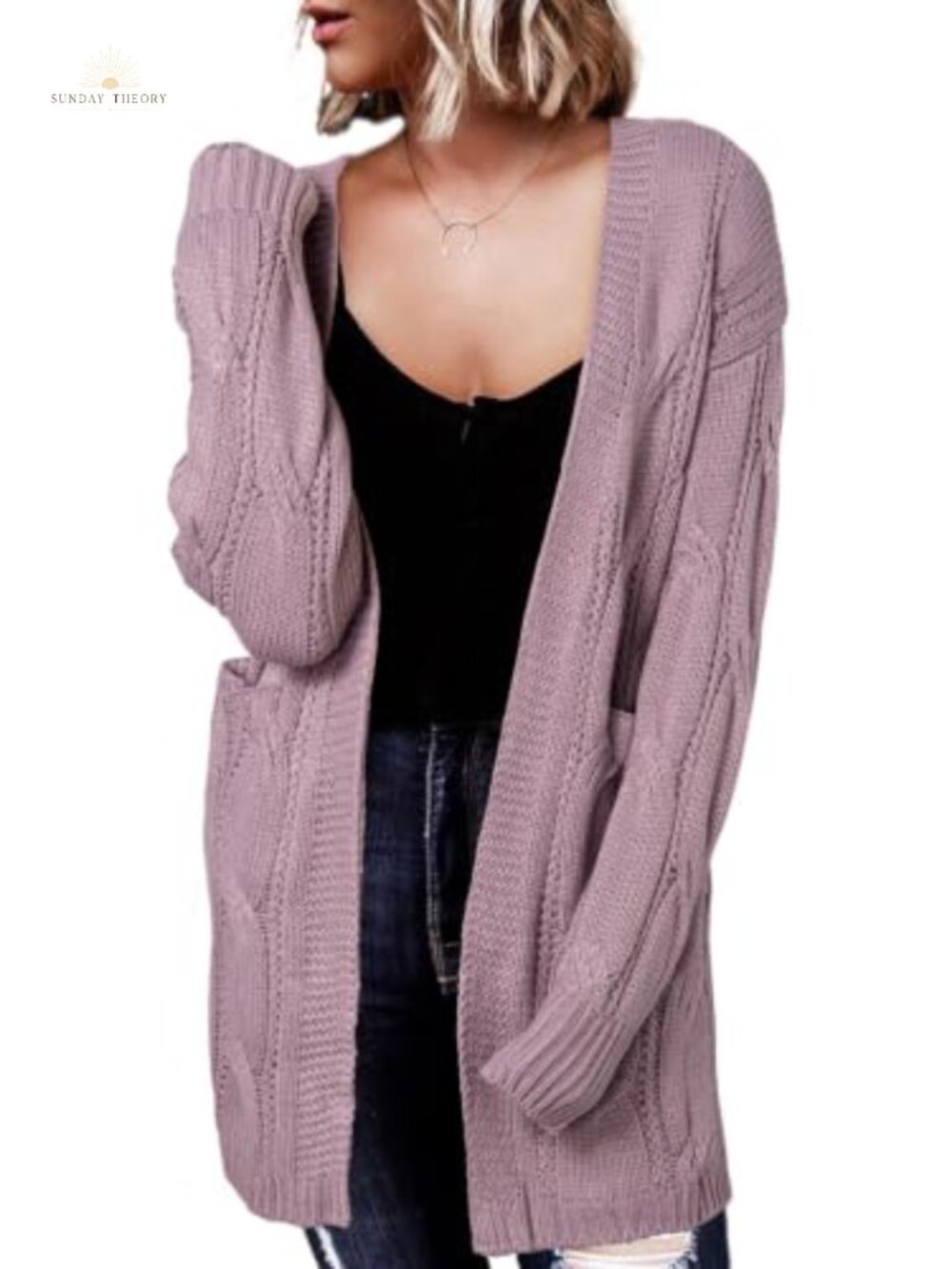 Open Front Knit Cardigan Lantern Sleeve Loose Fit 100% Acrylic Sweater